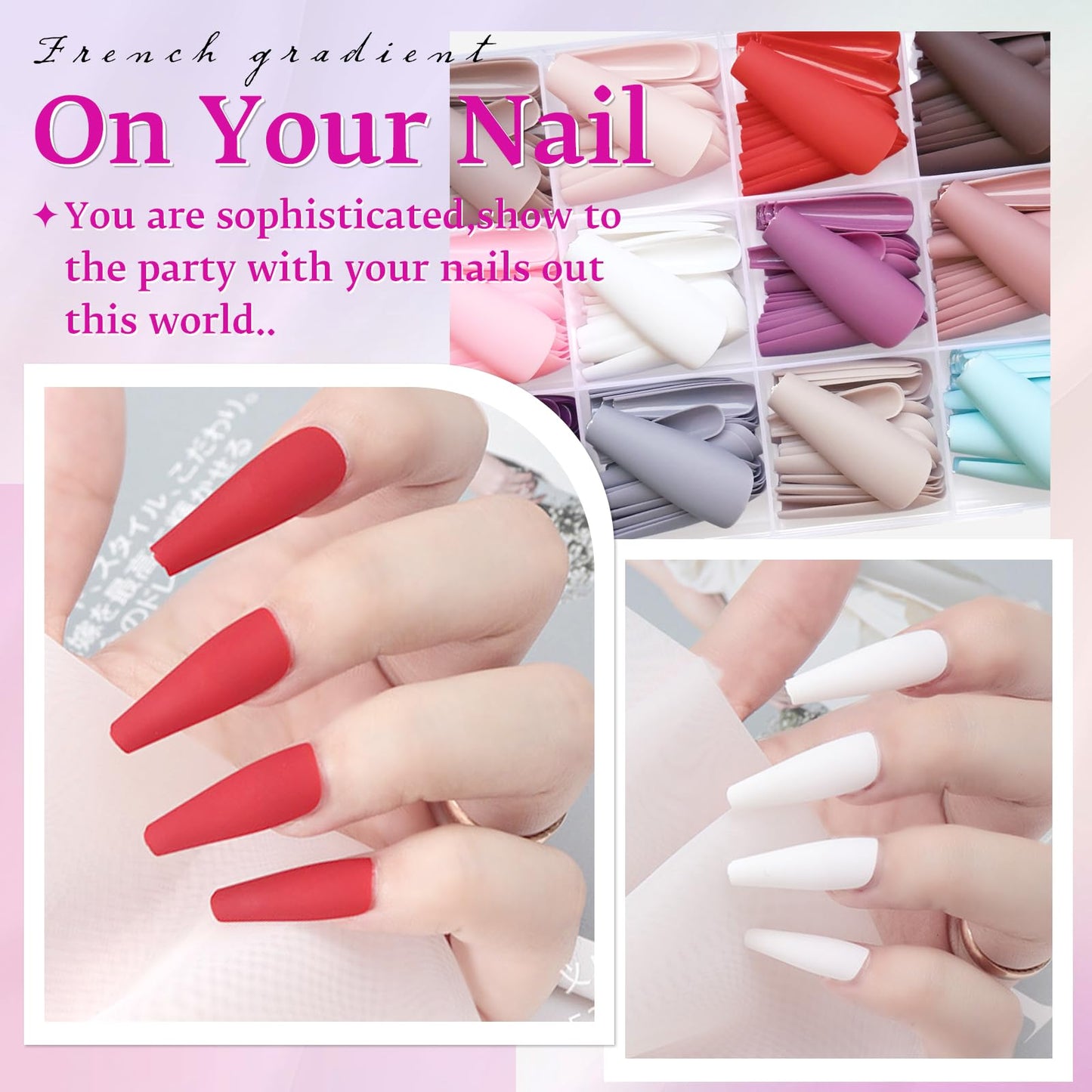 LoveOurHome 300PC Matte Coffin Press on Nails Long Fake Nail Kit, Glue on Nails Press ons Nail Medium Ballerina Acrylic Nails Tips Press-on Nails Coffin Artificial Fingernail Full Cover False Nails