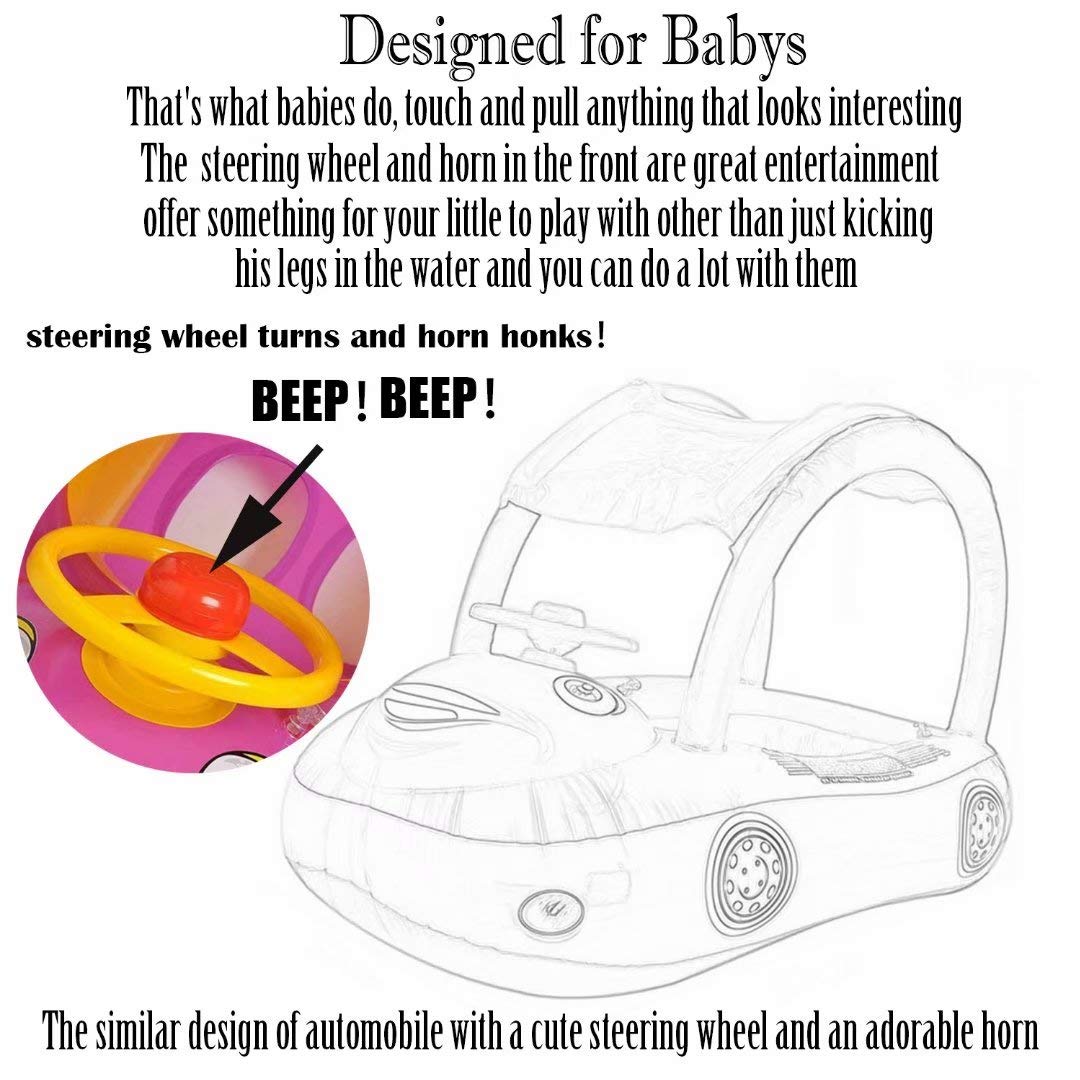 Baby Pool Float with Canopy Summer Steering Wheel Sunshade Swim Ring Car Inflatable Toys Infants Float Seat Boat for Kids Toddlers…
