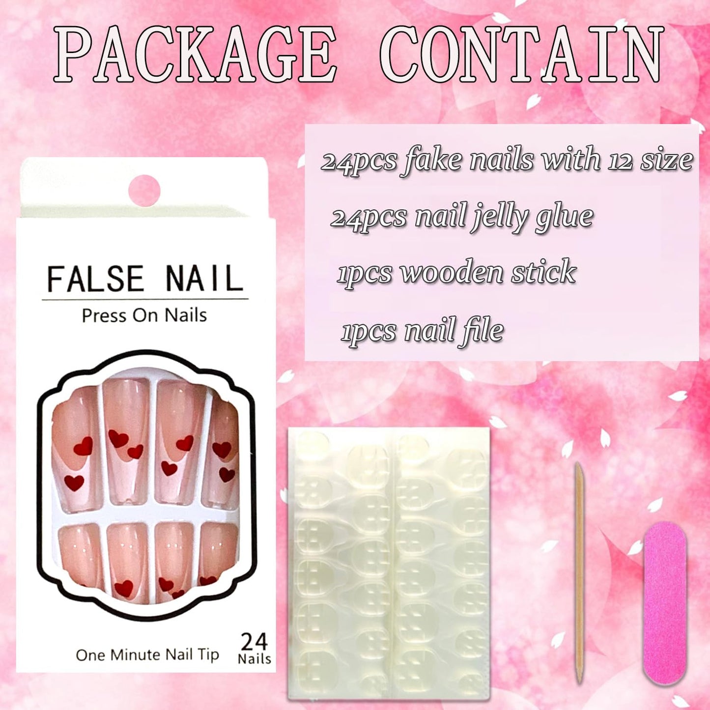 Vezocim Valentine Press on Nails Coffin Long French Tips Glossy Full Cover Acrylic Square Fake Nails with Red Heart Designs Extra Long False Nails Glue Stick on Fingernails with Charm for Women