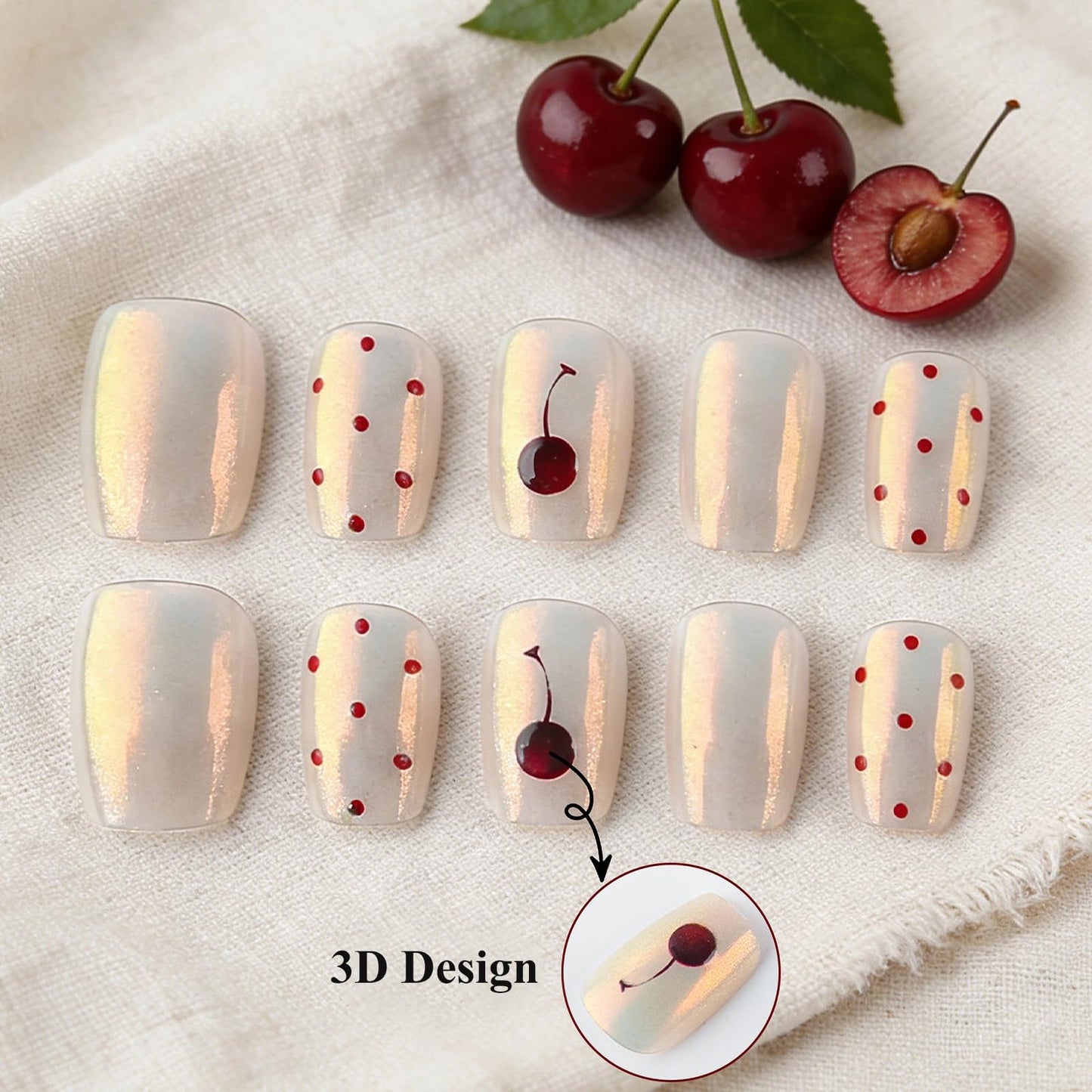 MISUD Press on Nails - Short Square Fake Nails with White Chrome, Acrylic Polka Dot Cherry Design 30 pcs