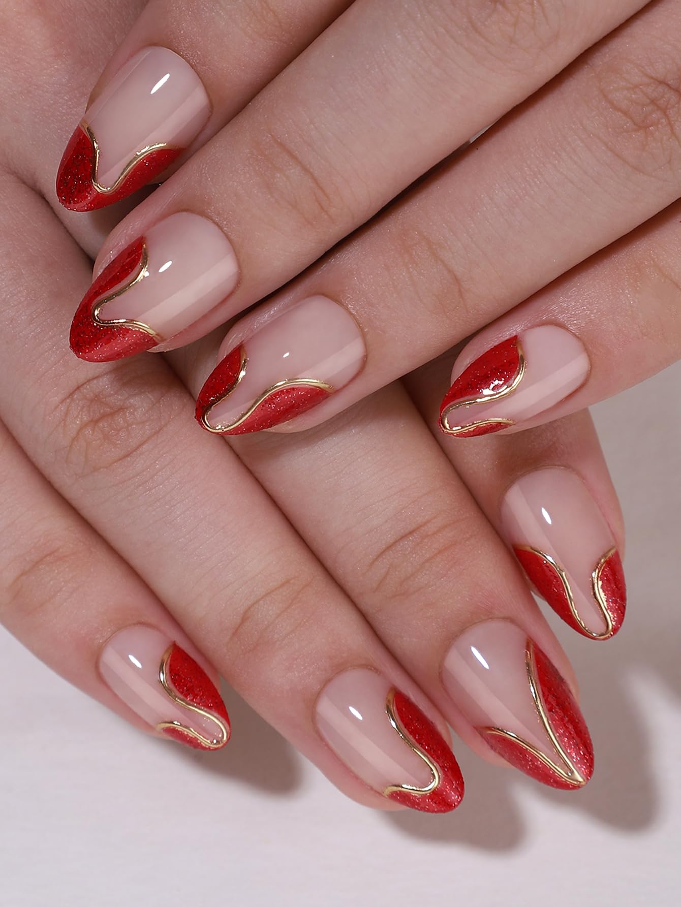 Hrnsnails Almond Press On Nails, Glue On Nails Short Fake Nails Red French Tip Nails with Golden Lines Designs, Acrylic Nails Press On Gel False Nails,Artificial Nails Stick On Nails for Women