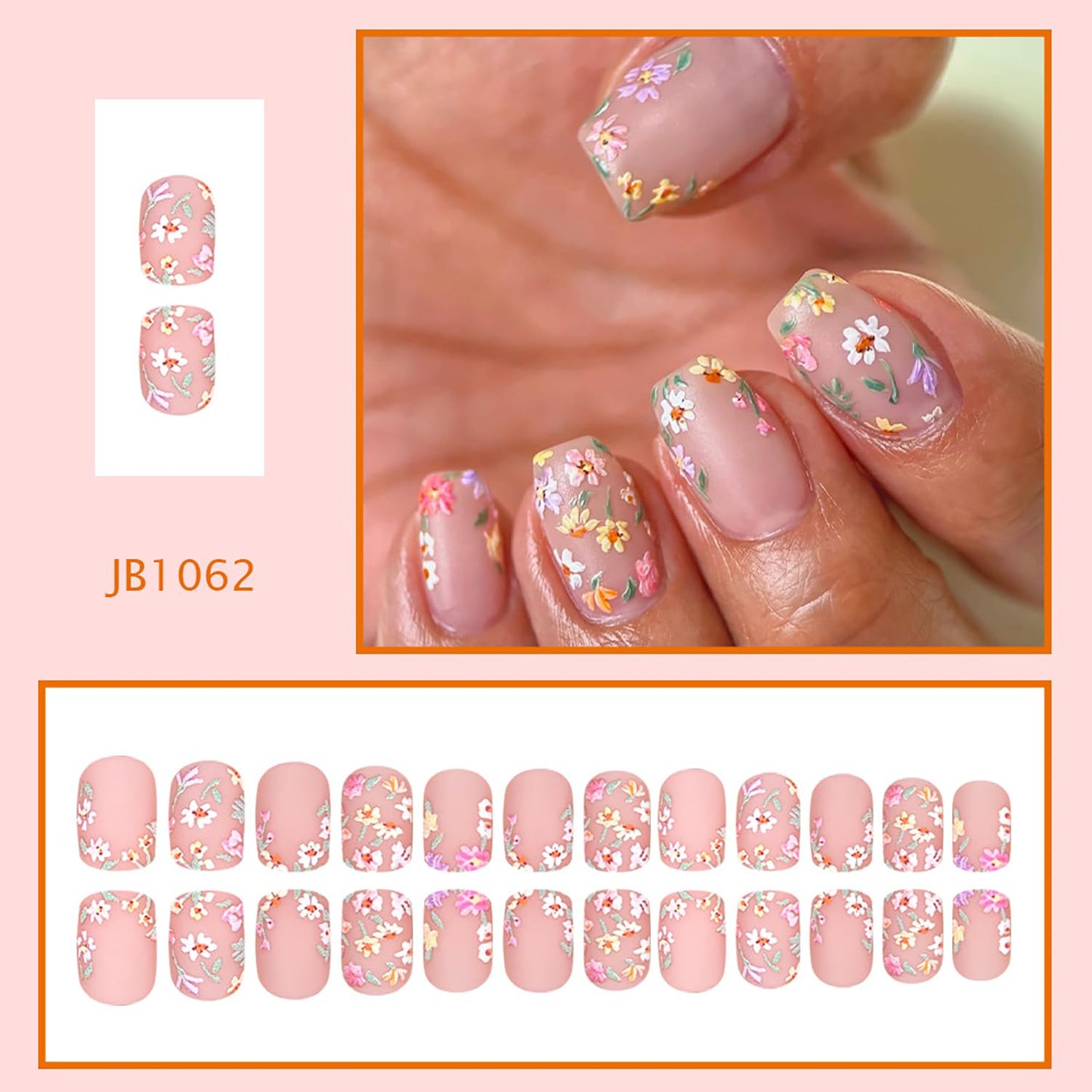 Flower Press on Nails Short Square Fake Nails with Colorful Small Daisy Designs Nude Matte False Nail Full Cover Spring Summer Floral Stick on Nail for Women 24Pcs