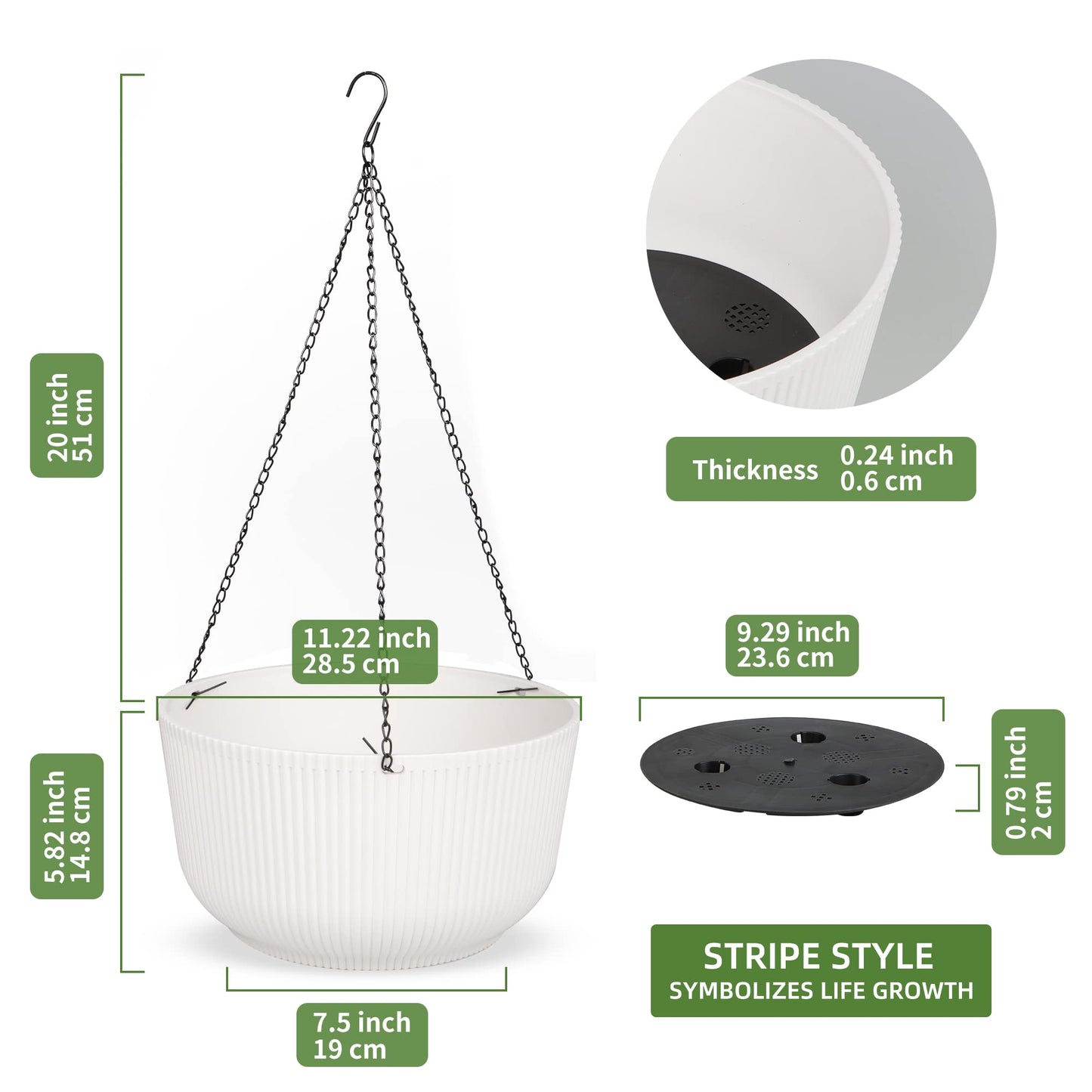 Dexceder 11.2 Inch Self Watering Hanging Planters Indoor Outdoor, Thickened Hanging Basket Flower Plant Pot (2 Pack, White)