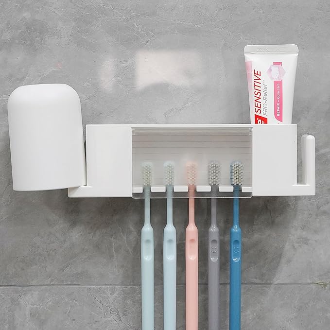 5 Slots Wall Mount Toothbrush Holder with Cover, Self Adhesive Toothbrush Storage Organizer for Shower, Toothpaste & Toothbrush Hanger for Bathroom, Medicine Cabinet, Dorm (White Large)