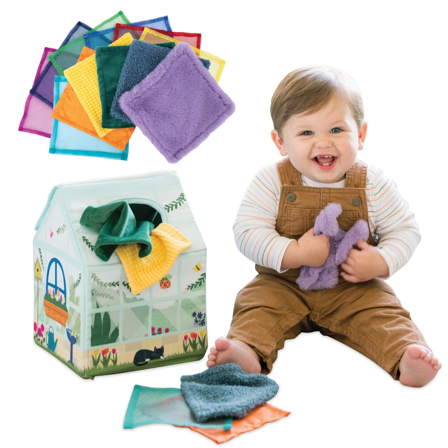 MindWare Sensory Sprouts Tissue Scarf - Montessori Toys for Babies 6-12 Months - Soft Greenhouse-Shaped Tissue Box and 12 Sensory Scarves Featuring Different Textures