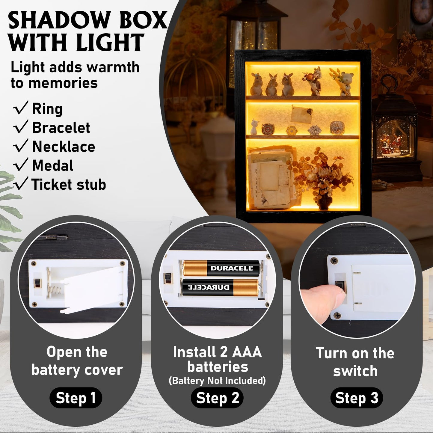 Shadow Box 14x11 Black Picture Frames Display Cases with LED Light,Memory Keepsakes Boxes with 4 Removable Trinket Shelf,for Anniversary Wedding Baby Graduates Memorial Collect-Distressed Retro