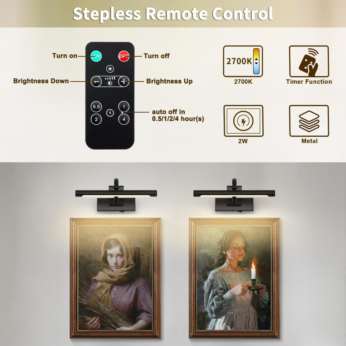 Battery Operated Picture Lights for Wall Black Art Light Wireless Gallery Lights with Timer and Remote 12 Inch 2W Warm White
