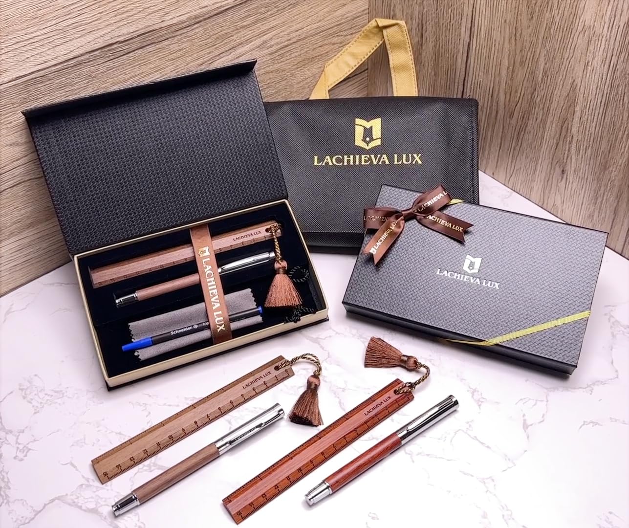 LACHIEVA LUX Nice Elegant Rosewood Rollerball Pen with Ruler/Book mark Set, Luxury Roller Ball Pen Gift for Woman, Man