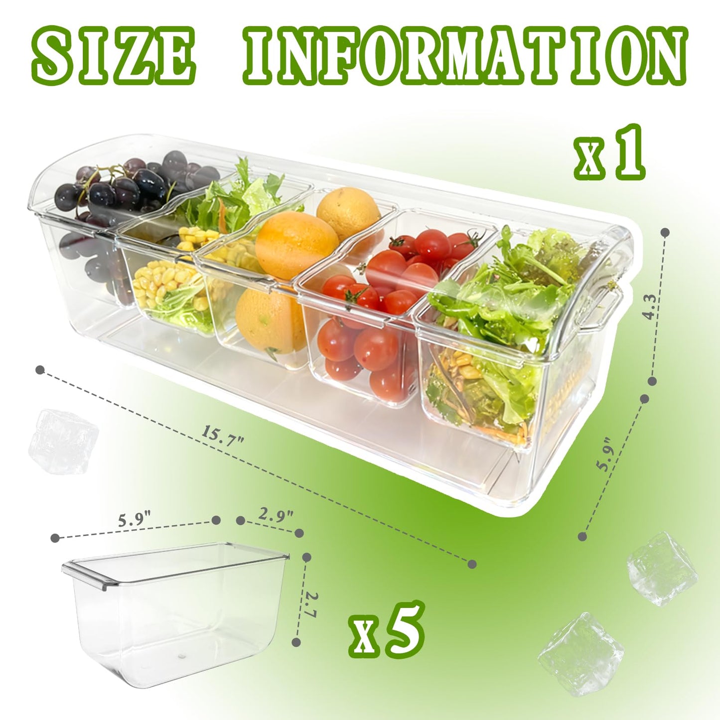 Pesilo Ice Chilled Condiment Server, 5 Removable Compartments Condiment Containers with Lids Drain Plug, Clear Garnish Tray Serving Platter Holder for Caddy Fruit Snack Sauce Taco Salad Bar Supplies