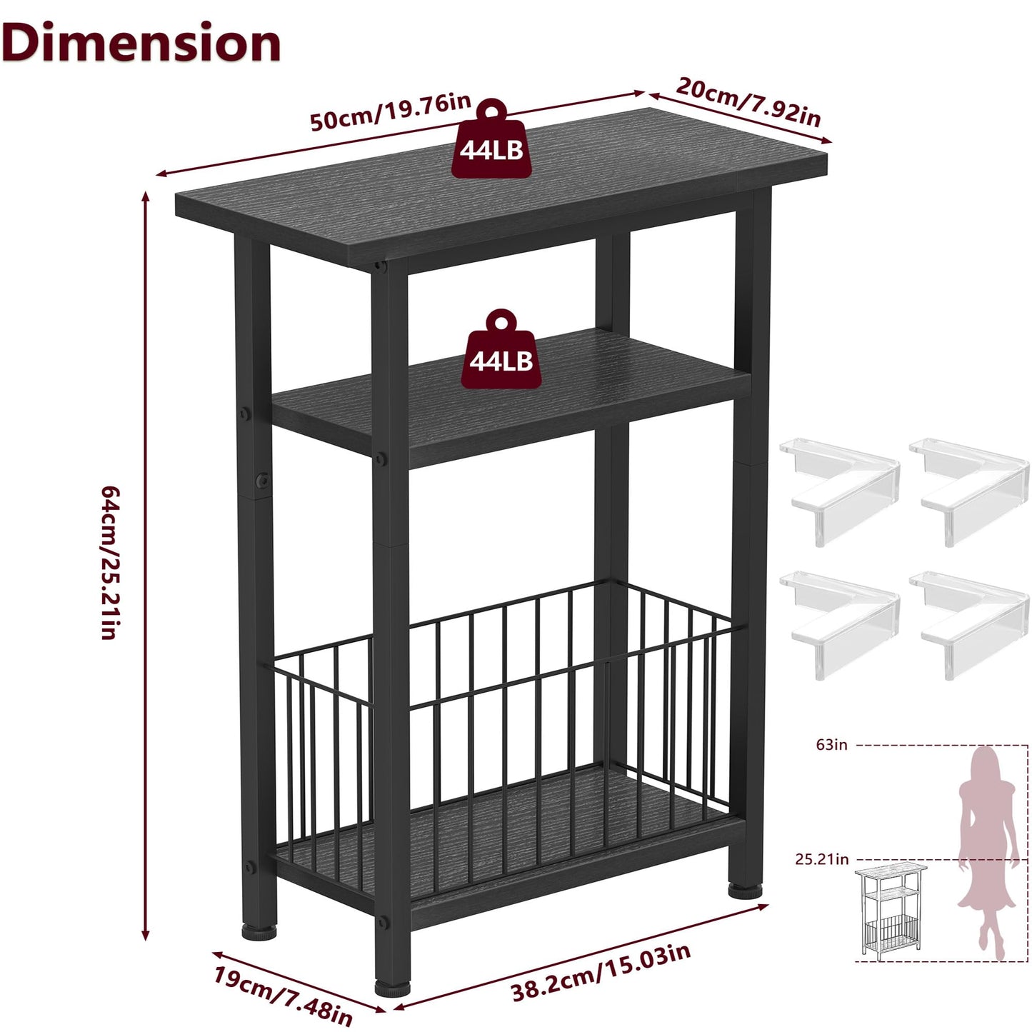 Heybly Small Narrow Side Table for Small Space, Thin Bedside Table with Storage Basket, Skinny End Table, 25.2" Tall Nightstand, Couch Table for Living Room, Bedroom, Study, Kitchen, Black, HET004BK1