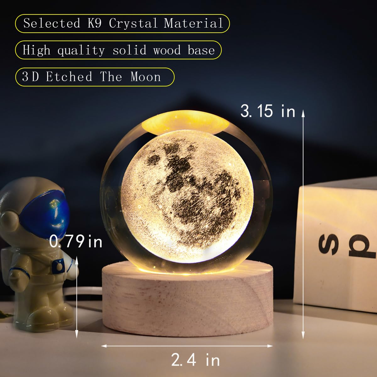 3D Moon Crystal Ball with LED Stand, Moon Figurine Decor Glass Sphere Lamp, Space Planet Globe Night Light Gifts for Women Men Mom Kids