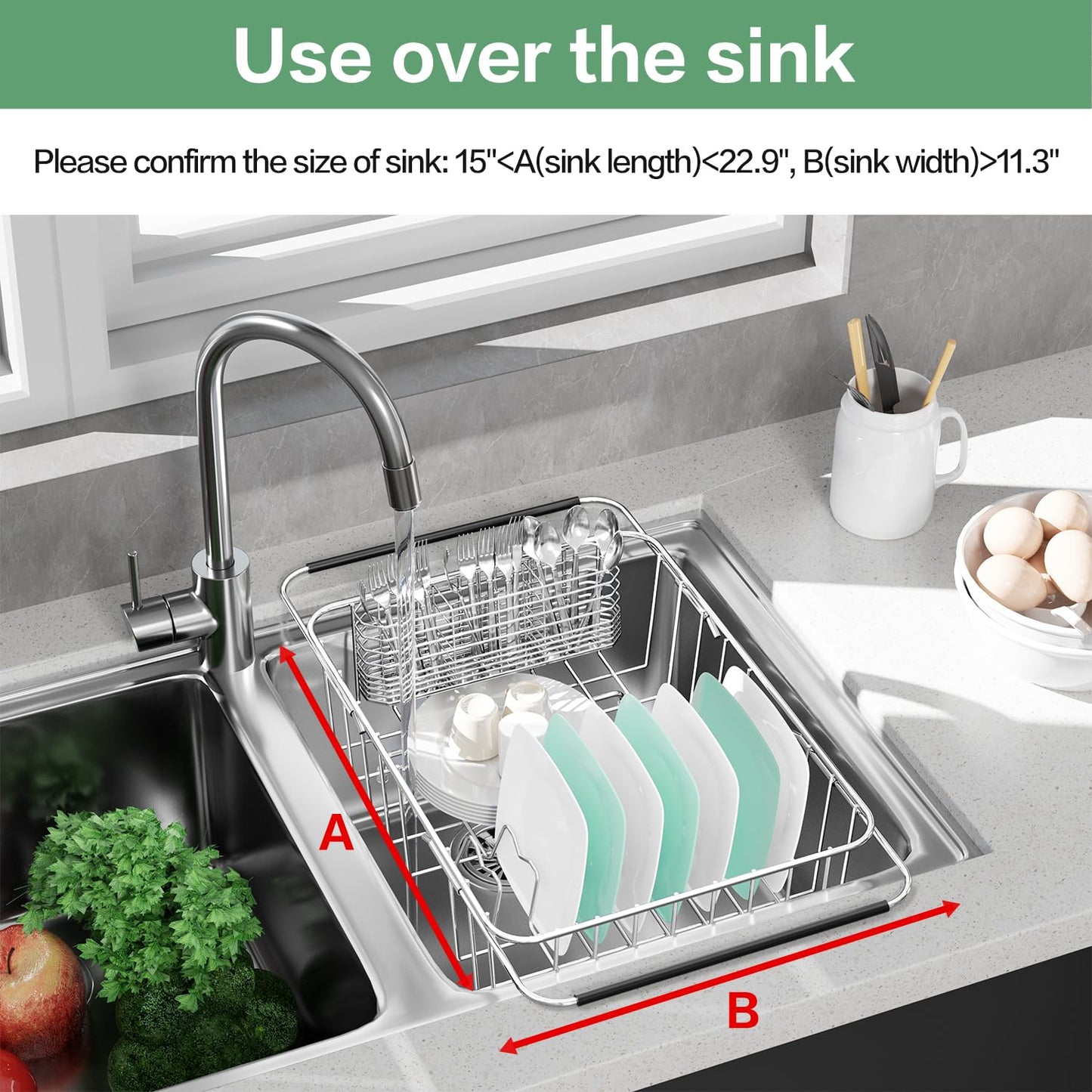 Fanbsy Large Dish Drainer Rack in Sink Adjustable, Expandable 304 Stainless Steel Metal Dish Drying Rack Organizer with Stainless Steel Utensil Holder Over Inside Sink Counter, Rustproof
