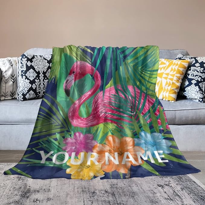 Custom Flamingo Blanket Gifts with Name - 30 x 40 Inches Funny Flamingo Throw for Girls - Green Soft Fuzzy Plush Blankets for Chair