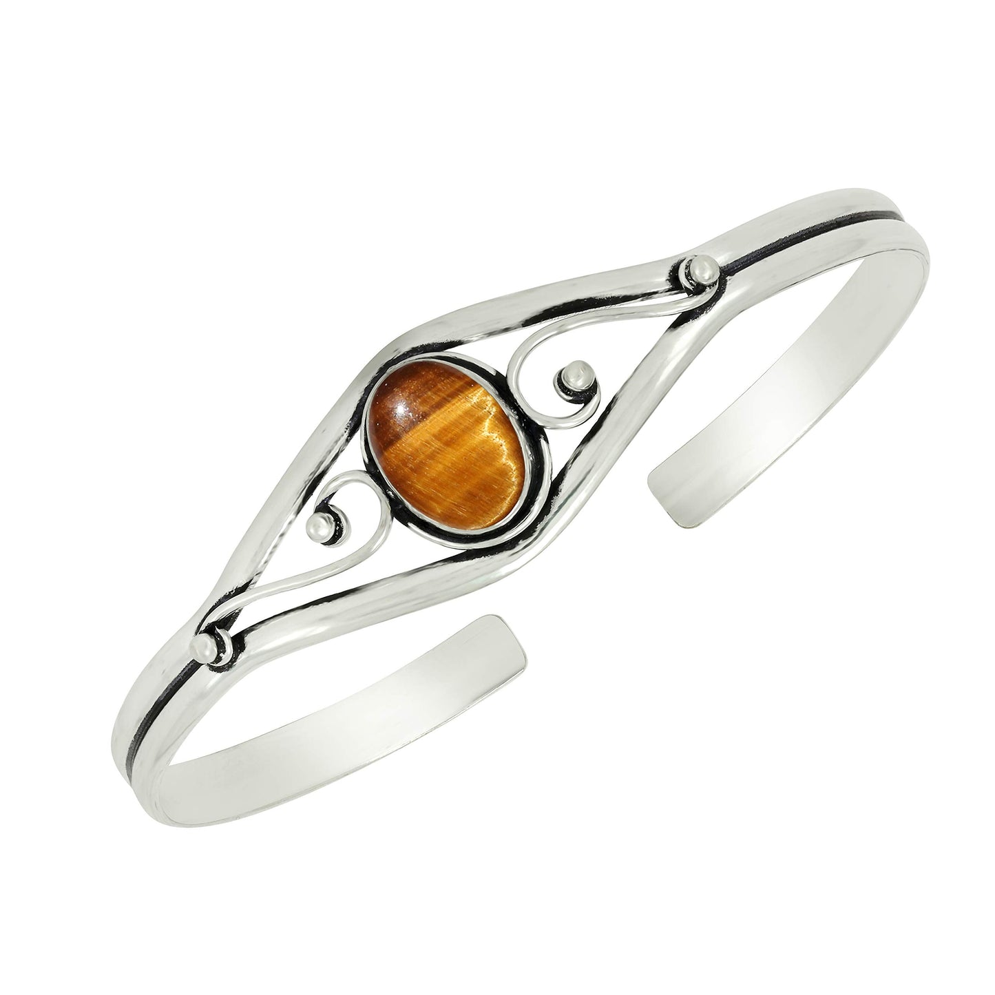 925 Silver Plated Natural Tiger Eye Cuff Bangle Bracelet for Women – Handmade Open Bangle – Brown Gemstone June Birthstone Statement Jewelry – Gift for Her
