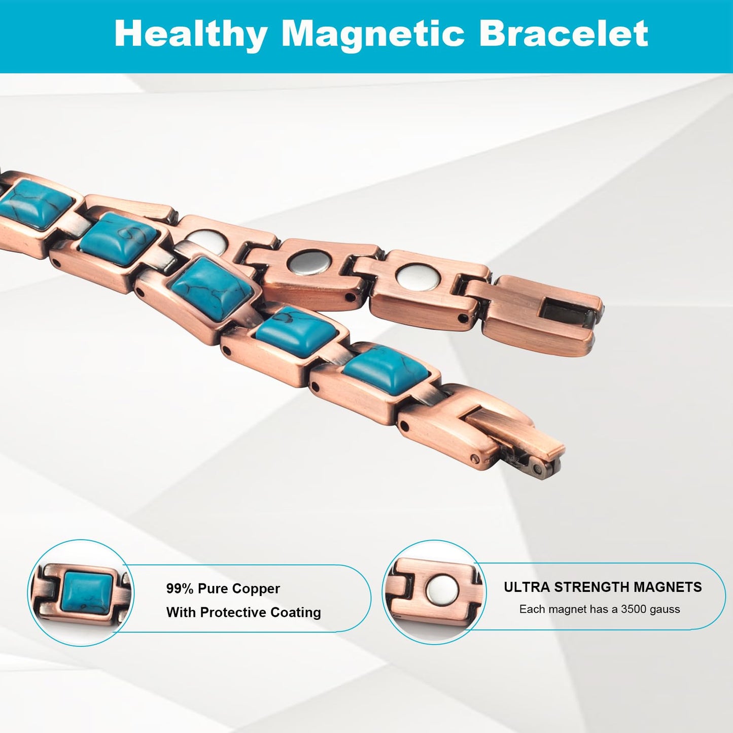 EnerMagiX Copper Bracelet for Women, Pure Copper Adjustable wiht Easy Link Blue Turquoise Magnetic Bracelet (0165)
