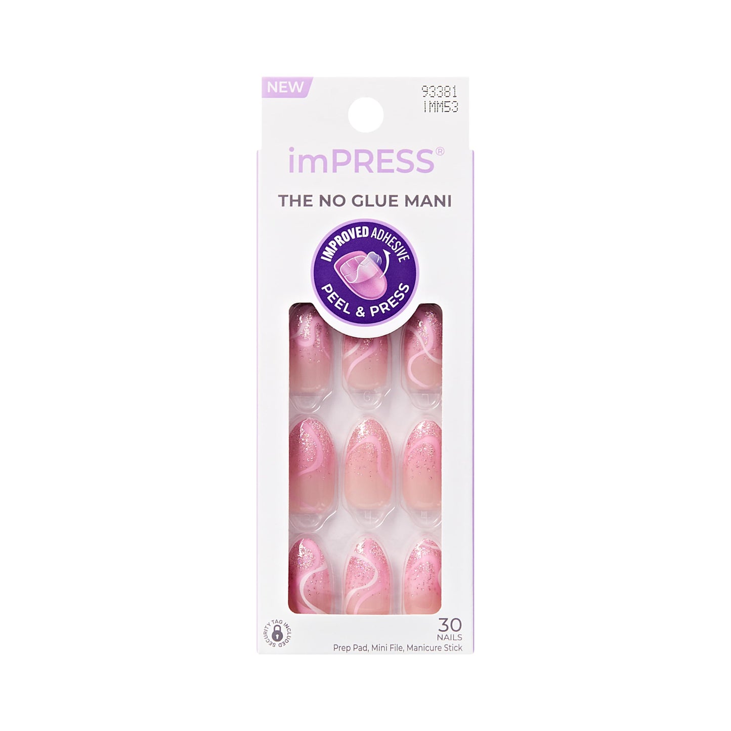 Kiss Impress No Glue Mani Press On Nails, Design, 'Wild Venus', Pink, Medium Size, Almond Shape, Includes 30 Nails, Prep Pad, Instructions Sheet, 1 Manicure Stick, 1 Mini File