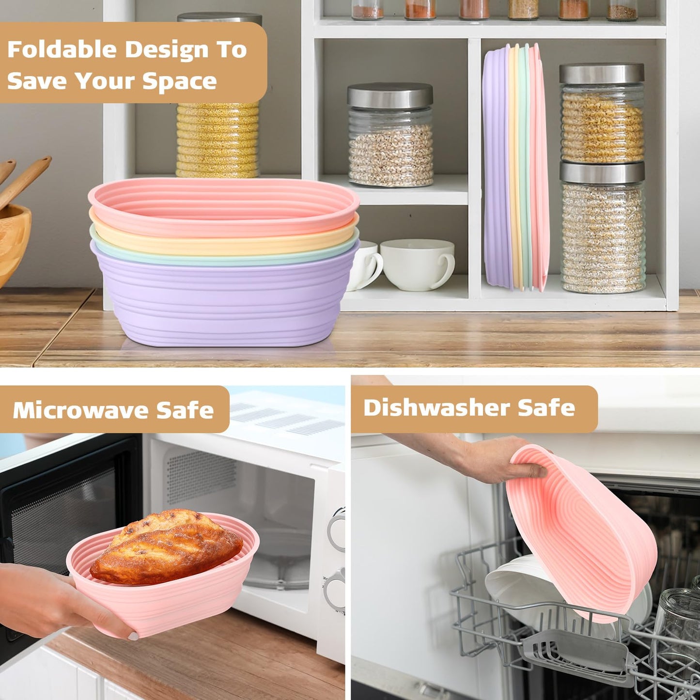 Honeydak 4 Pcs Silicone Bread Proofing Baskets Oval Banneton Basket 10" Collapsible Sourdough Bread Baking Supplies Non-stick Dough Proofing Bowls Container Oven Safe for Breads Making (Vibrant Color)