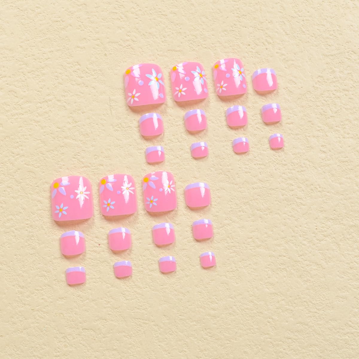 Flower Press on Pink French Tips Fake Toenails - Short Square Toe Nails, Cute Floral Glossy Toe Nails - Full Cover Glue on Summer Artificial Acrylic False Toenails for Women - 24Pcs