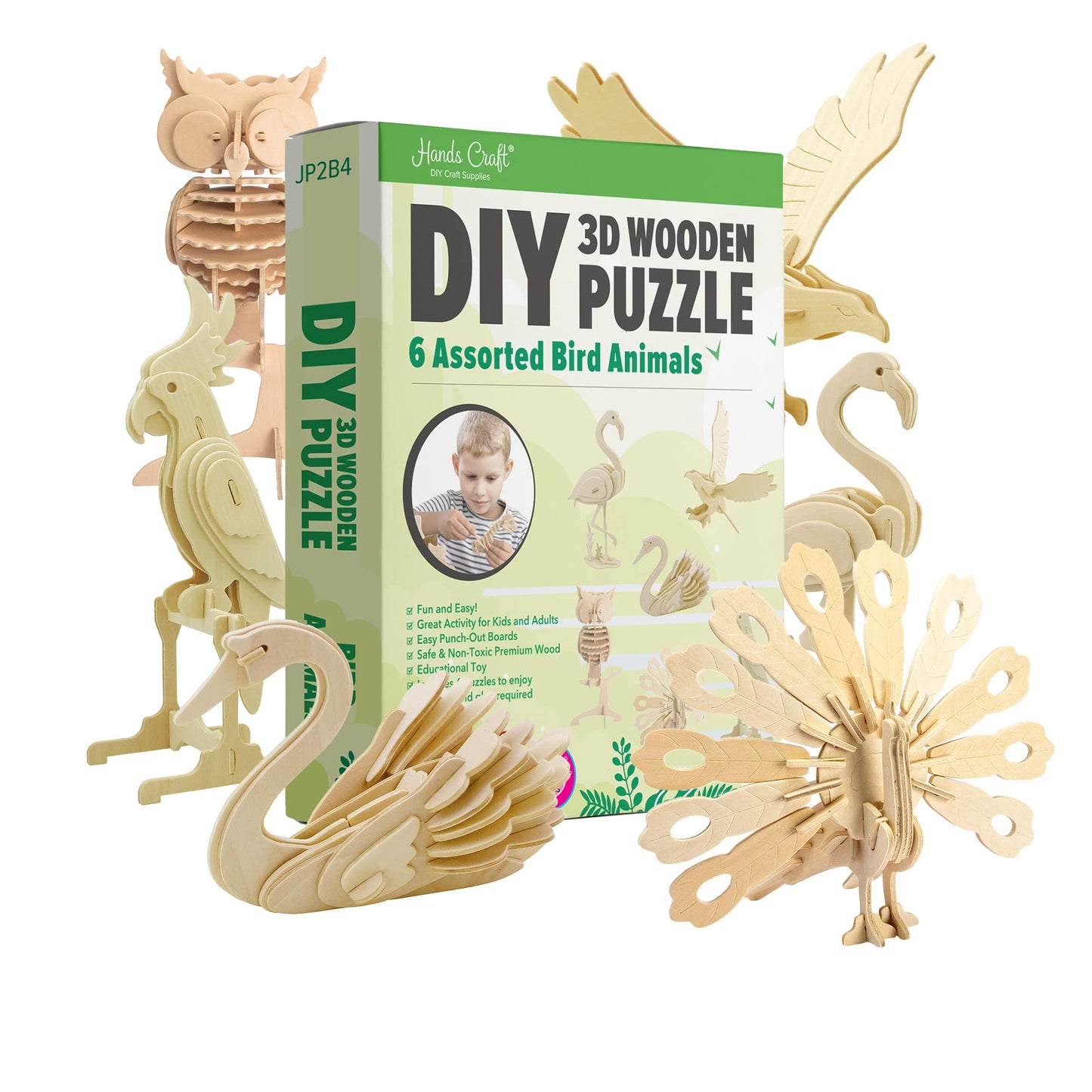 Hands Craft DIY 3D Wooden Puzzle – 6 Assorted Bird Animals Bundle Pack Set Brain Teaser Puzzles Educational STEM Toy Adults and Kids to Build Safe and Non-Toxic Easy Punch Out Premium Wood JP2B4