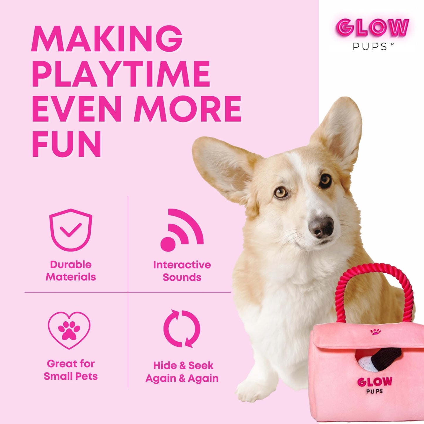 Glow Pups "Fashion Forward Walking Bundle: Pink Designer-Style Plush Purse Dog Toy Set (Includes Paw-Phone, Lipstick, Nail Polish) + Matching Light Pink Hands-Free Rope Dog Leash (5-Piece Set)