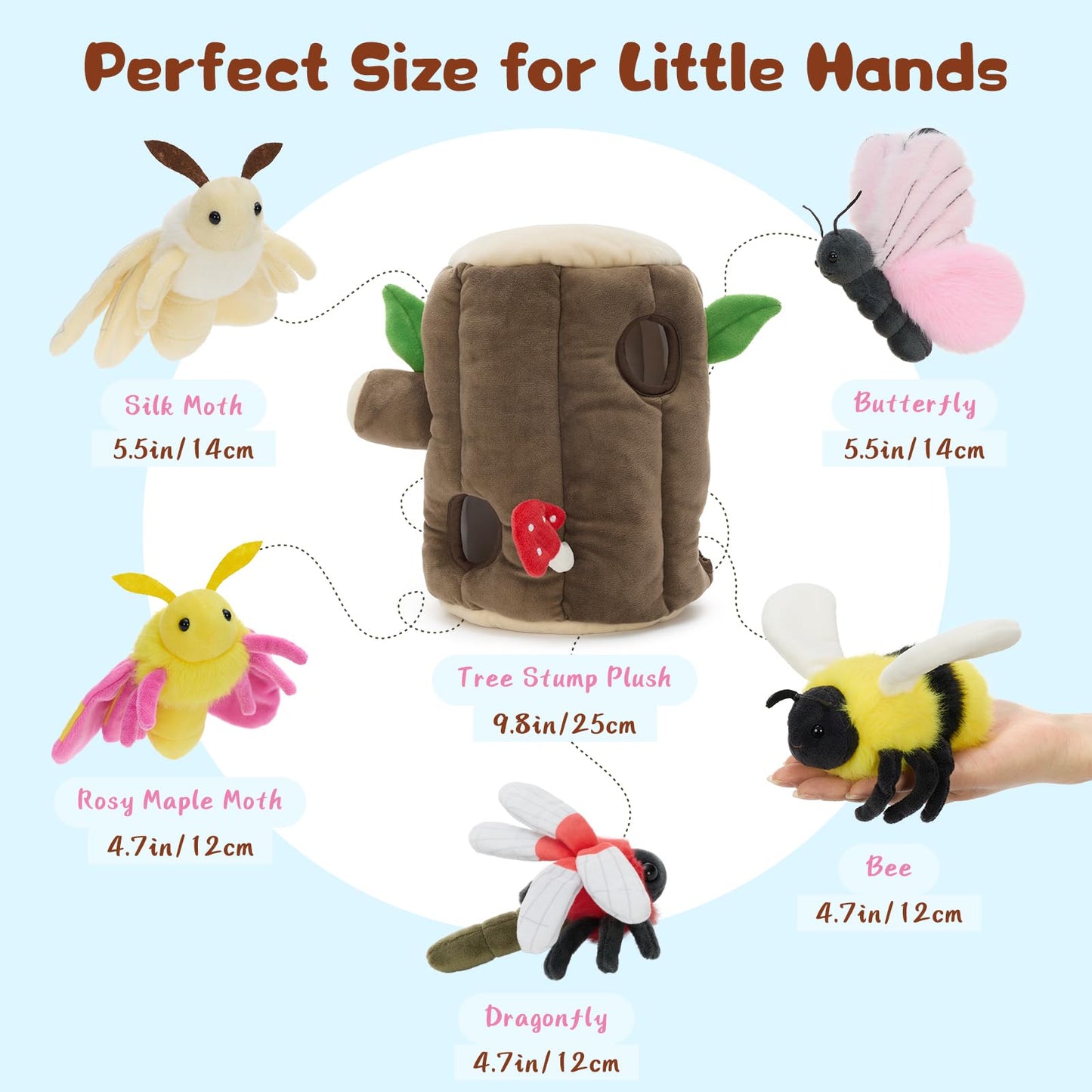 MaoGoLan 6pcs Flying Insect Plush Toys Set with Plush Bee Moth Butterfly Dragonfly, Flying Insect Stuffed Animal Bulk with Treehouse, Gift for Kids Toddlers Boys Girls