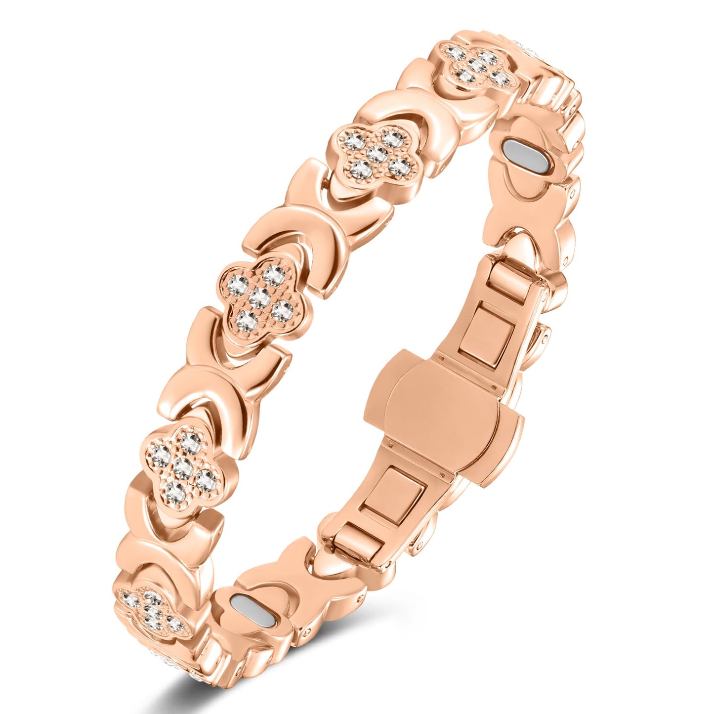 Jecanori 5X Strength Magnetic Copper Bracelet for Women —Updated 5,000 Gauss Ellipse Magnets — Premium Butterfly Clasp & Adjustable Length,Gold Rose Four-Leaf Clover