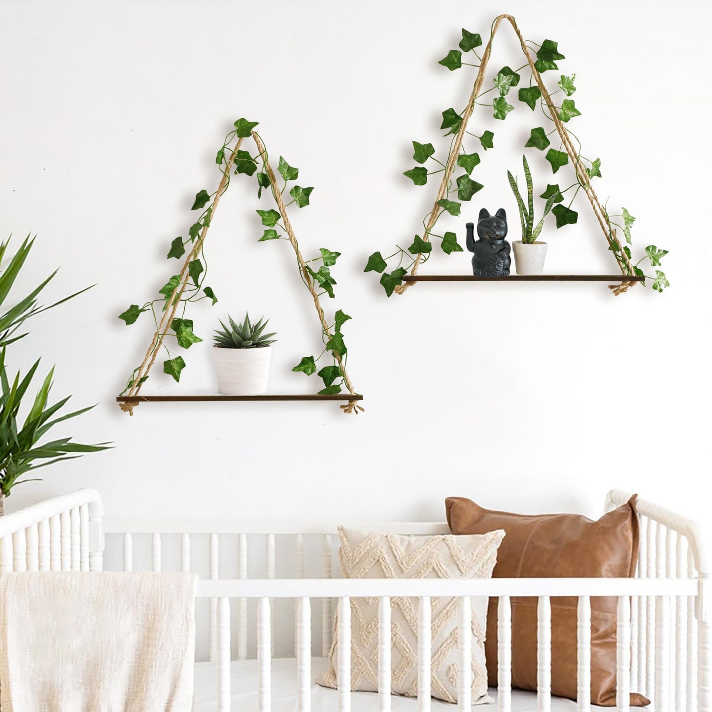 Artilady 2 Pack Artificial Ivy Wall Hanging Shelves Boho Floating Shelves Wall Decor, Adjustable Rustic Wood Shelf with LED Light Storage Rack Macrame Plant Shleves Holder for Bedroom