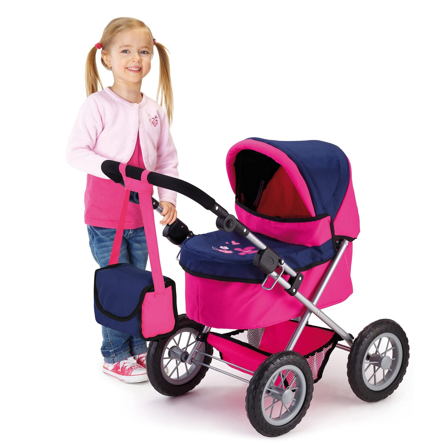 Bayer Trendy Doll Pram, Kids Play Stroller with Adjustable Handle, 18 inch Capacity