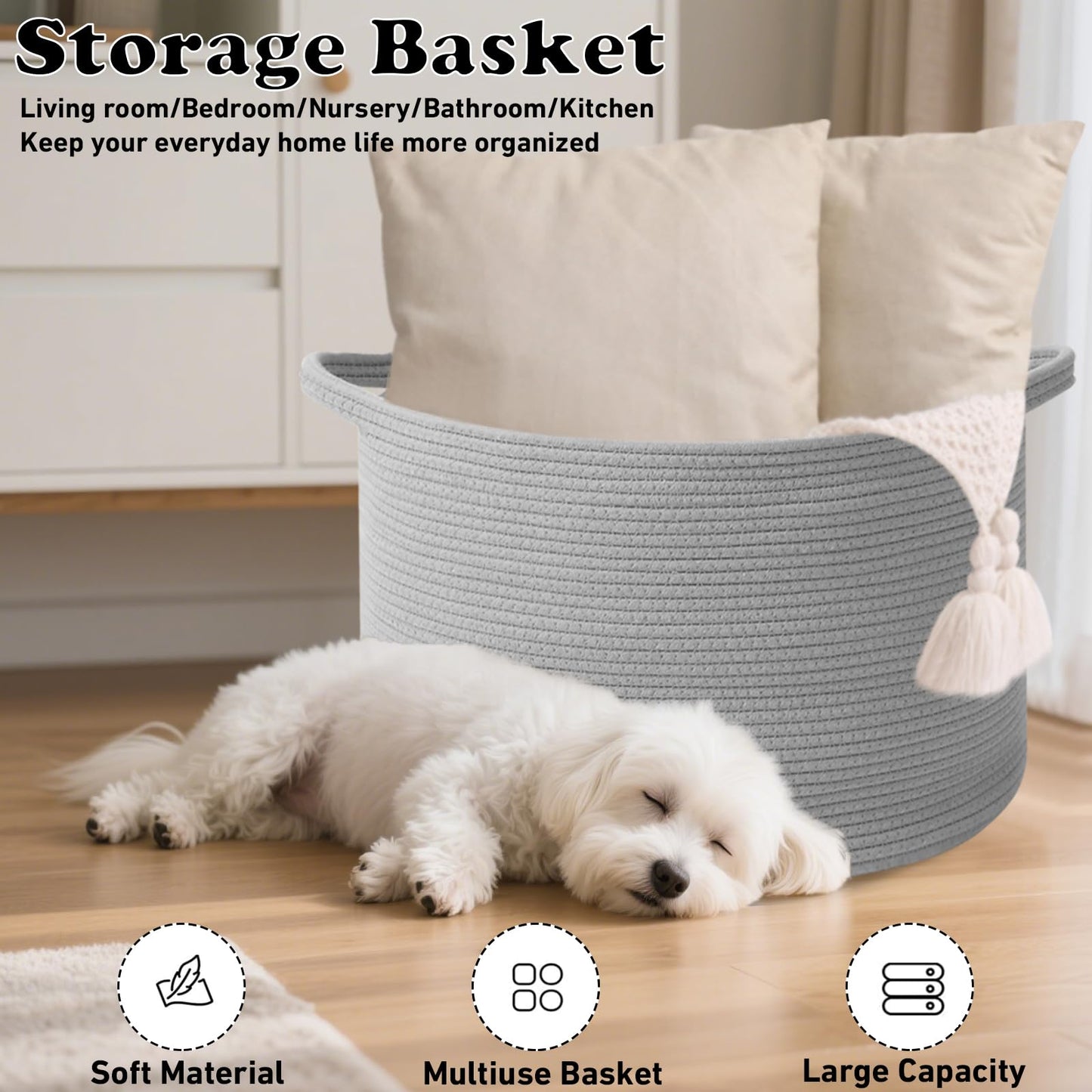 HZFTJOY 115L Extra Large Blanket Basket,Woven Rope Laundry Basket Hamper with Handles, Decorative Nursery Basket Storage Bin for Toys, Clothes Organizer, Living Room, Bedroom, Bathroom, Light Grey