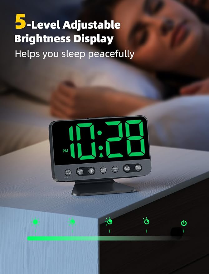 Odokee Digital Alarm Clocks for Bedrooms with Large Bold Number | Electric Desk Clock with Night Light & Brightness Dimmer - Loud Alarm for Heavy Sleepers with Adjustable Volume - Green