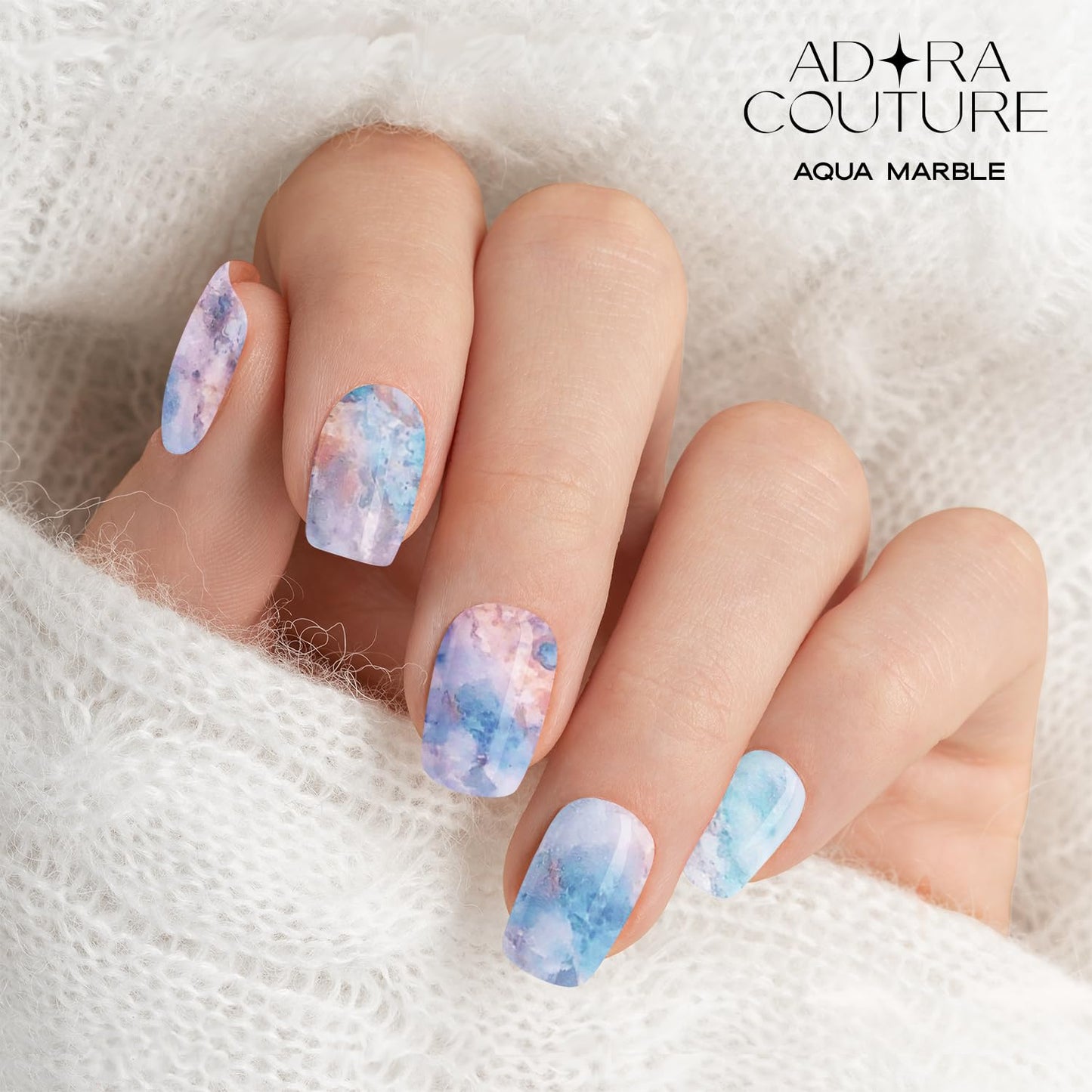 Adora Couture Semi Cured Gel Nail Strips with 20 Pieces - UV Gel Stickers, Manicure Kit, Easy Application Wraps Includes Prep Pads, Nail File, Wooden Stick - UV Light Required (Aqua Marble)