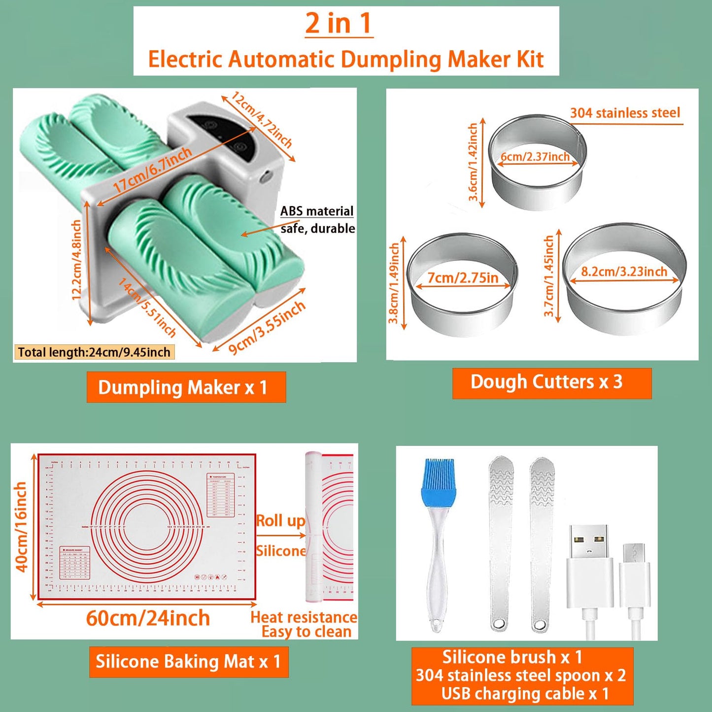 Electric Dumpling Maker Two Sizes Double Head Automatic Electric Dumpling Maker Machine Mould Household Quick Rechargeable Dumpling Maker Kit with Silicone Baking Mat,Dough Cutters,Spoon Brush