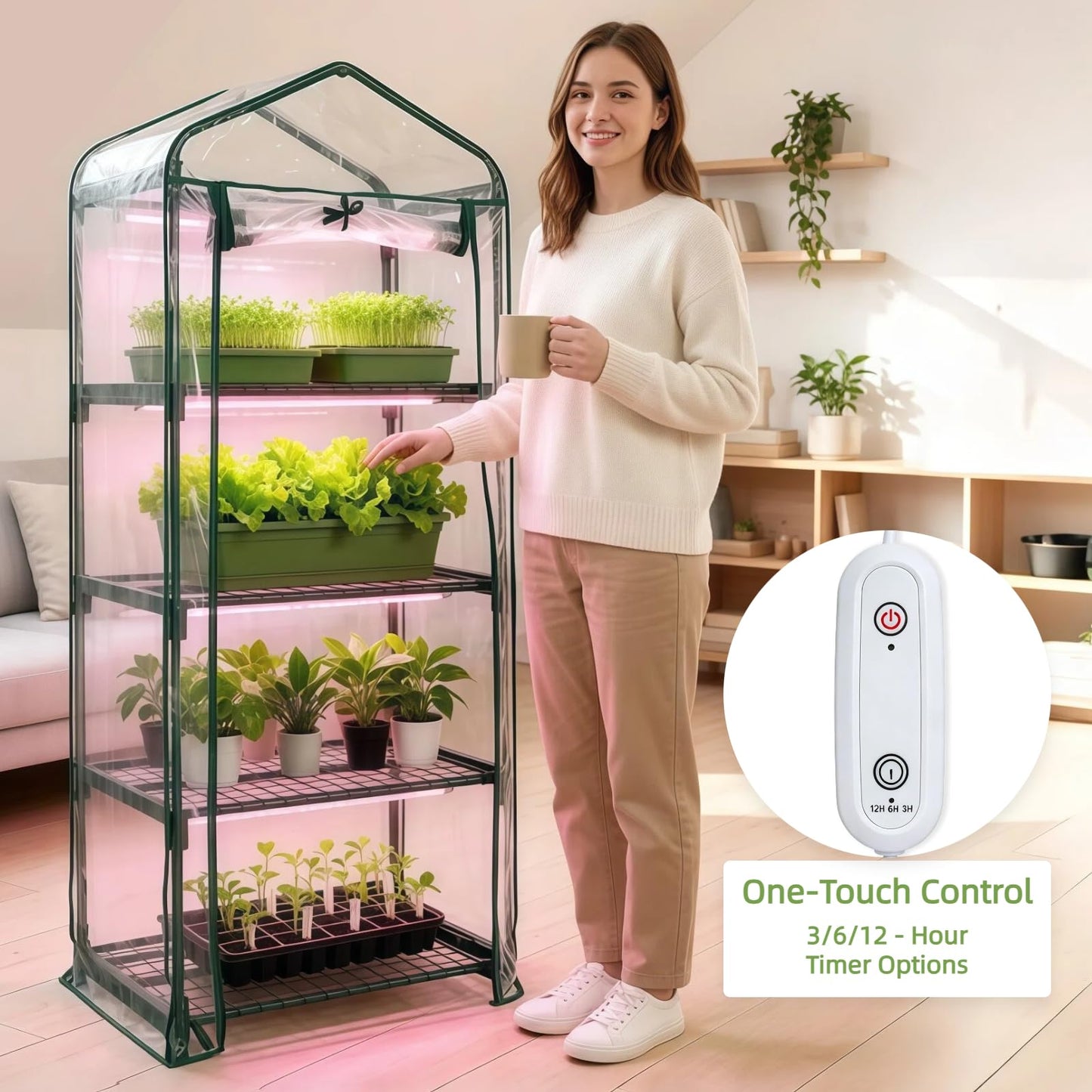 Kelived 4 Tier Indoor Greenhouse with Grow Light Seed Starting Small Portable Green Houses with Waterproof Cover