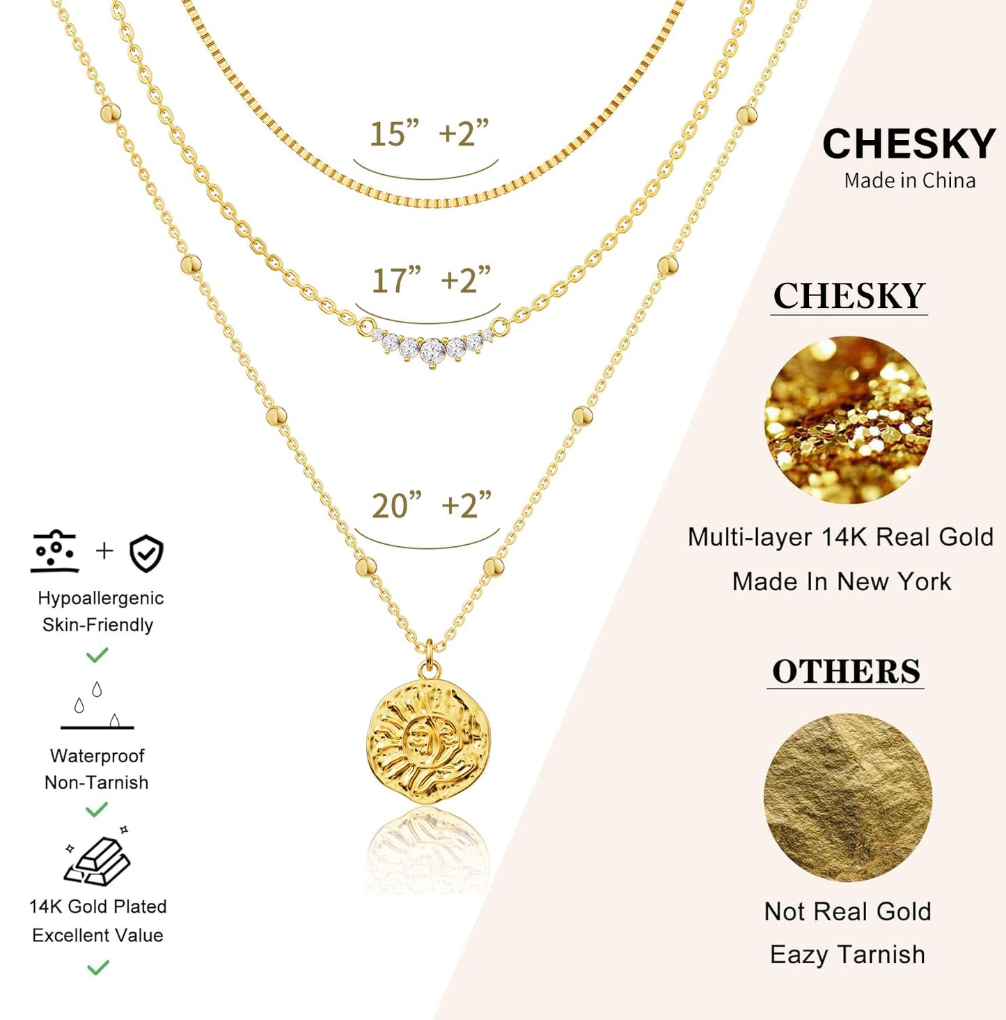 CHESKY 14K Gold Plated Layered Necklaces for Women,Dainty Stackable CZ Bar Disc Pendant Necklace Adjustable Layering Beads Box Chain Choker Necklace Gifts