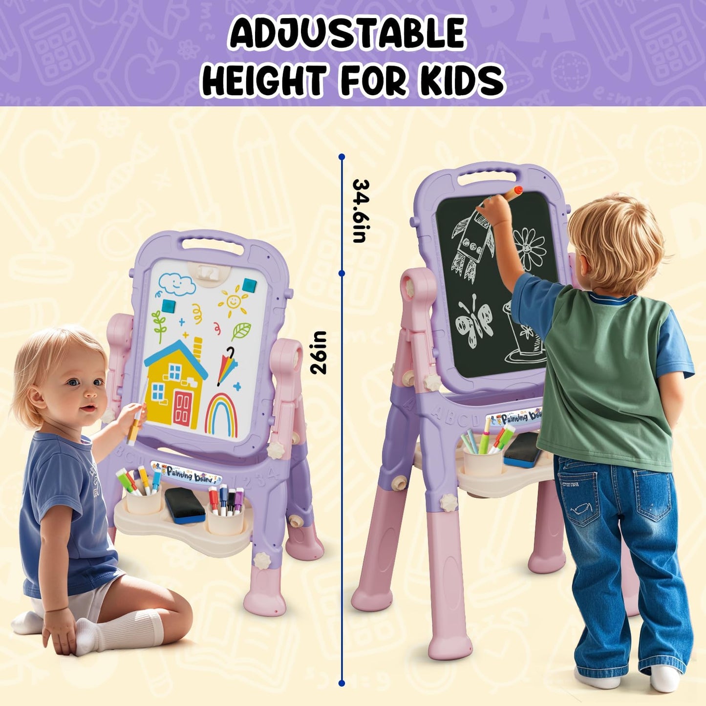AuntyFey Easel for Kids, Toddler Easel, Double-Sided Chalk Board Kid, White Board, Kid Art Easel, Art Easel Age 4-8, Christmas Gift, Pink&Purple