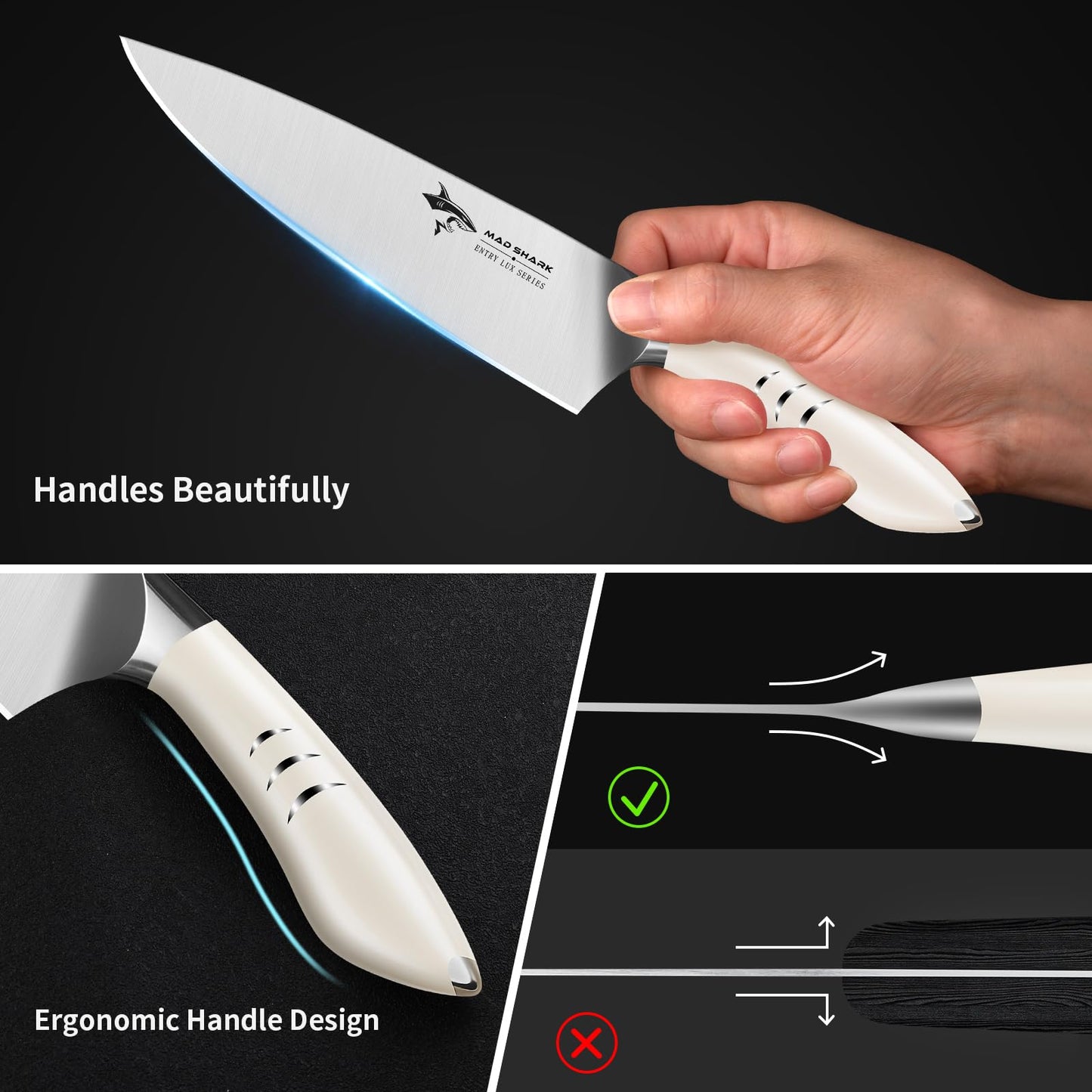 MAD SHARK Chef Knife 8 inch Kitchen Knife High Carbon Stainless Steel Sharp Chef's Knives with Ergonomic Handle, Cooking Knife with Gift Box, Birthday Gifts for Mom/Dad(White)