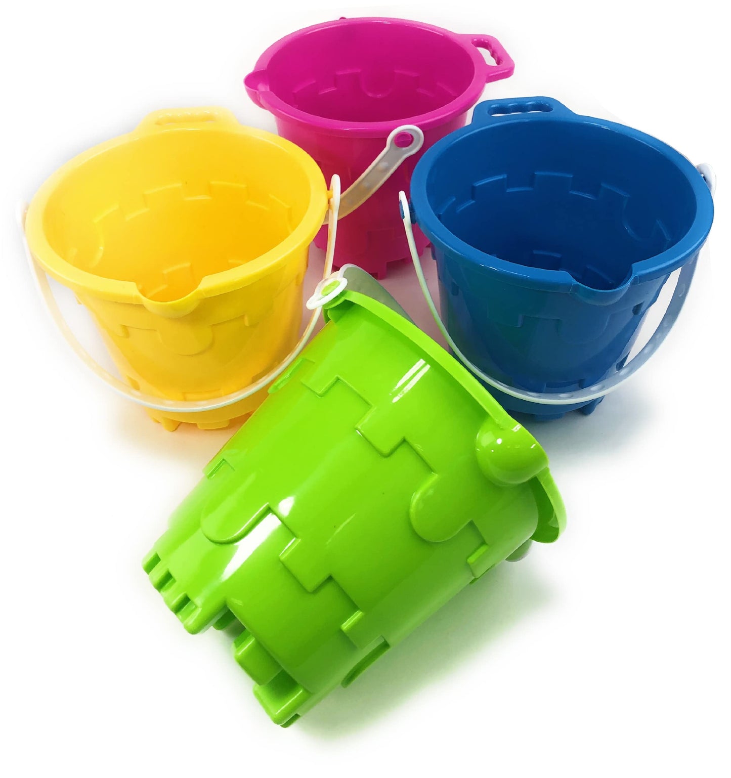 Matty's Toy Stop Beach Gear 7" Plastic Castle Mold Sand Buckets (Pails) with Easy Pour Spout and Handle Blue, Pink, Green & Yellow Party Set Bundle - 4 Pack