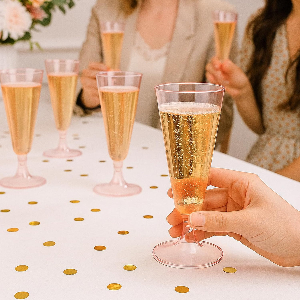 100 Pack Pink Clear Plastic Champagne Flutes, 5 Oz Disposable Champagne Glasses, Unbreakable Acrylic Mimosa Glasses Wedding Cocktail Cups for Engagement Birthday Graduation Party Decorations Supplies