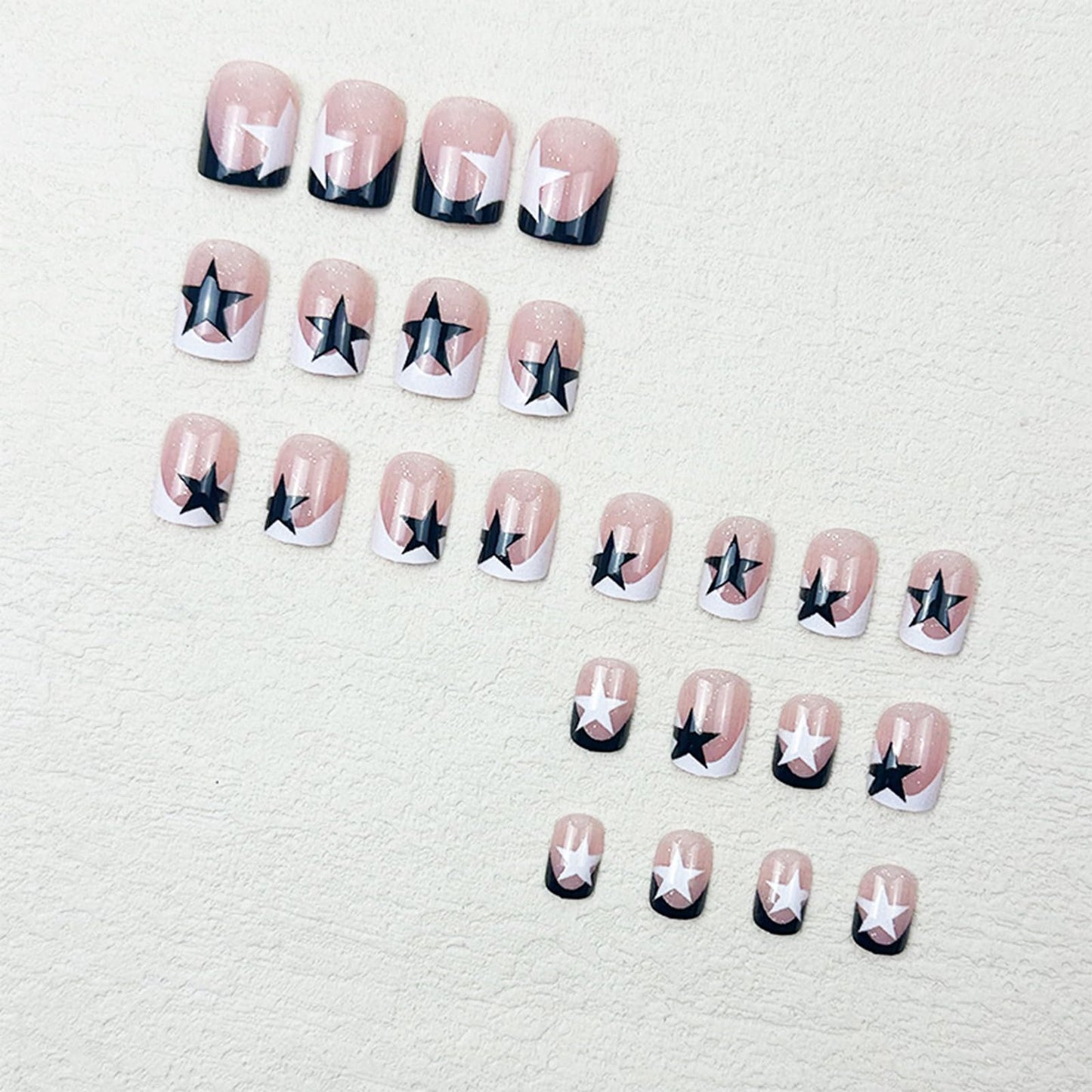 IMSOHOT Press on Nails Short Square Fake Nails Black White French Tips False Nails with Cute Star Designs Full Cover Glitter Artificial Glue on Nails for Women DIY Nail Art