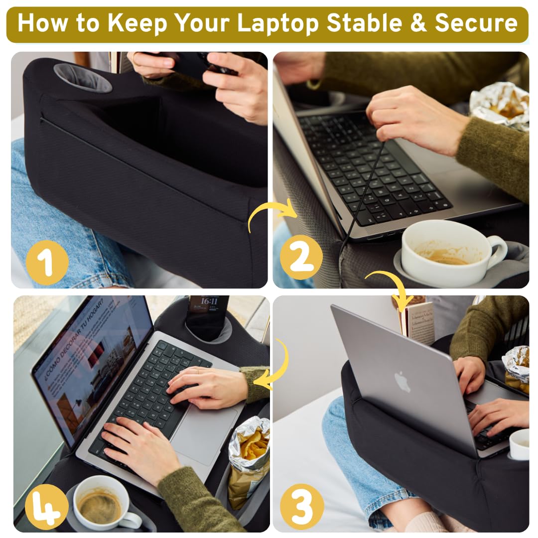 TabCouchCaddy Lap Desk Pillow - Cushioned Lap Pillow for Reading, Gaming, Work & Travel, Soft & Portable Laptop Desk for Bed, Couch, or Car, Ergonomic Support for Laptops & Tablets (Black)