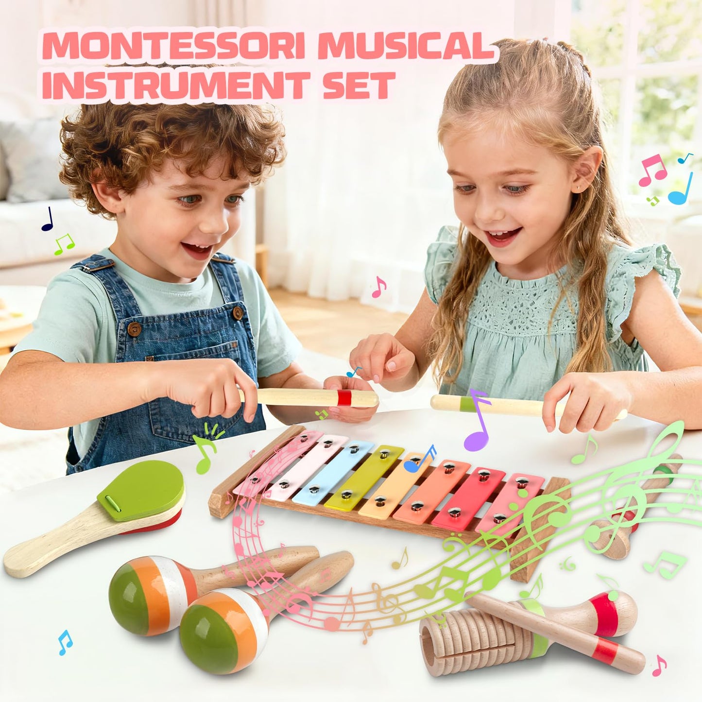 Baby Musical Instruments - Montessori Wooden Musical Toys for Toddlers 1-3, Xylophone Maracas Tambourine Percussion Set, Kids Preschool Music Learning Toys, Educational Birthday Gifts (Rainbow)