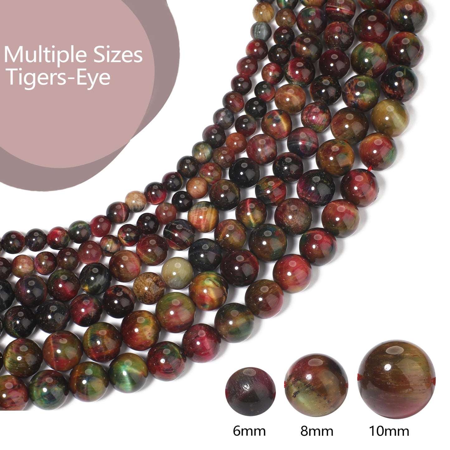 Yochus Natural Tiger Eye Beads, 60Pcs 6MM Milky Way Rose Red Color Enhance Round Loose Stone Bulk, DIY Charm Smooth Gemstone Beads for Jewelry Making