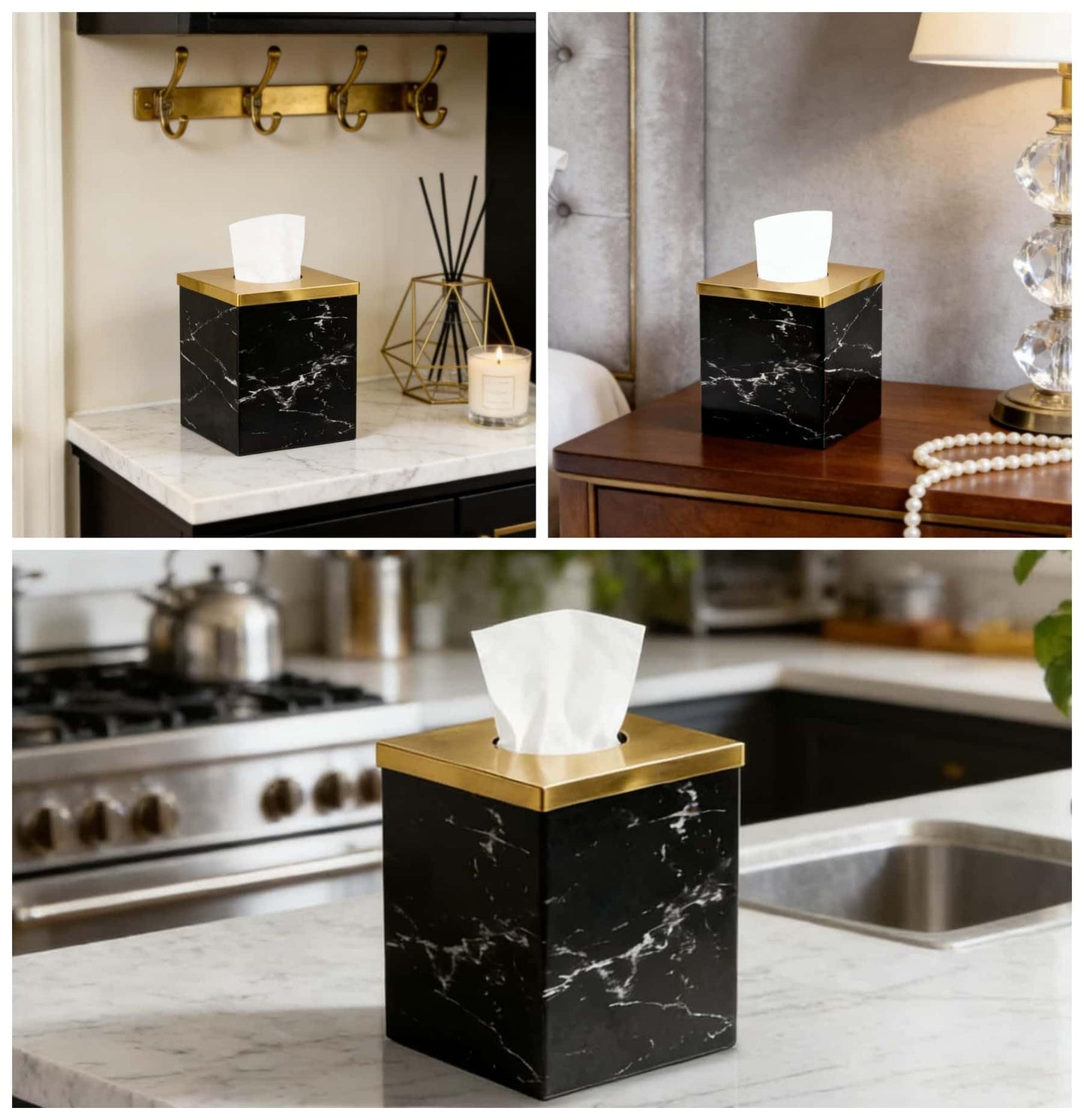 JWT Astyle Metal Facial Tissue Box Cover Holder and Dispenser.Decorative Tissue Box Covers Cube Dresser Accessories for Bathroom Livingroom Kitchen Office Desk.Black Marble Pattern Home Gifts