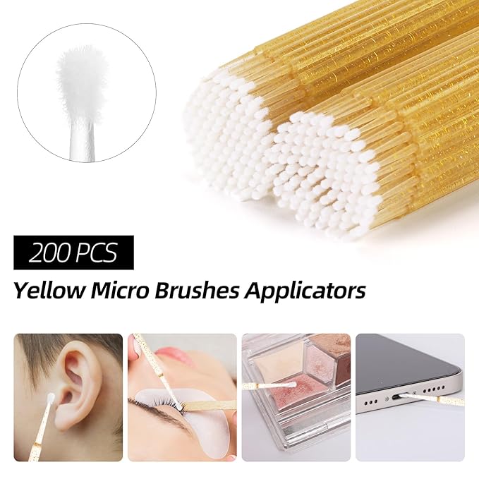 600 PCS Eyelash Extension Supplies Kit, 200 Spoolies Mascara Wands Disposable 200 Lip Brushes 200 Micro Swabs Yellow Eyelash Brushes Makeup Applicator Tool