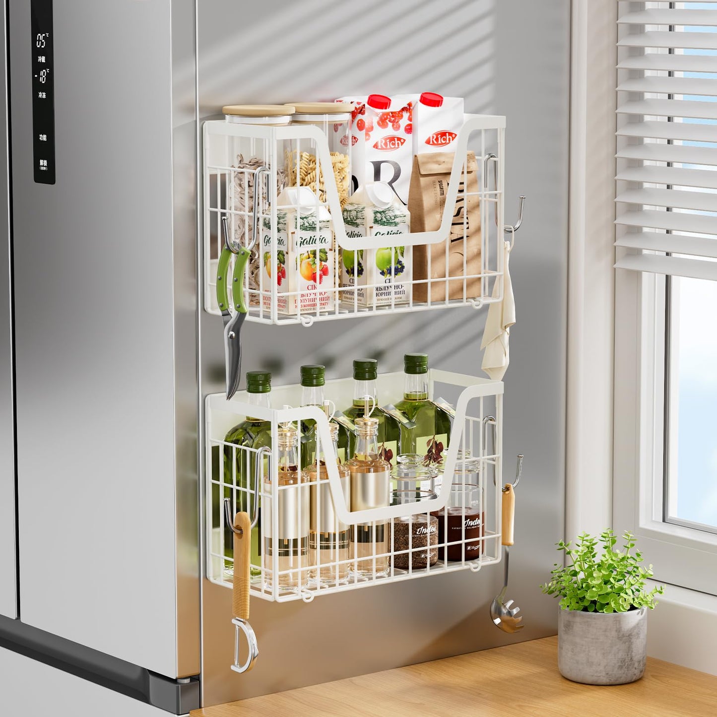 YIWANFW 2 Set Magnetic Fridge Shelf, White Magnetic Fruit Basket for Refrigerator Organizer Storage, Potato and Onion Storage Bins, Wire Baskets Magnet Rack for Laundry Washing Machine Kitchen Shelves