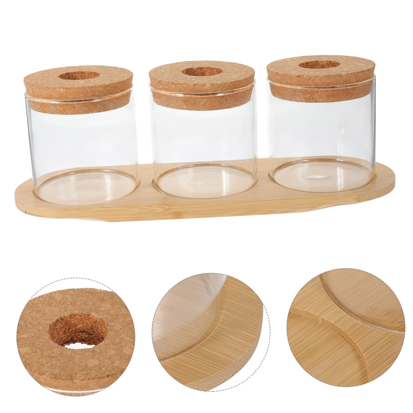 HEMOTON 3-Piece Glass Plant Terrarium Set with Bamboo Stand Hydroponics Planter for Indoor Succulents and Air Plants Decorative Tabletop Vases