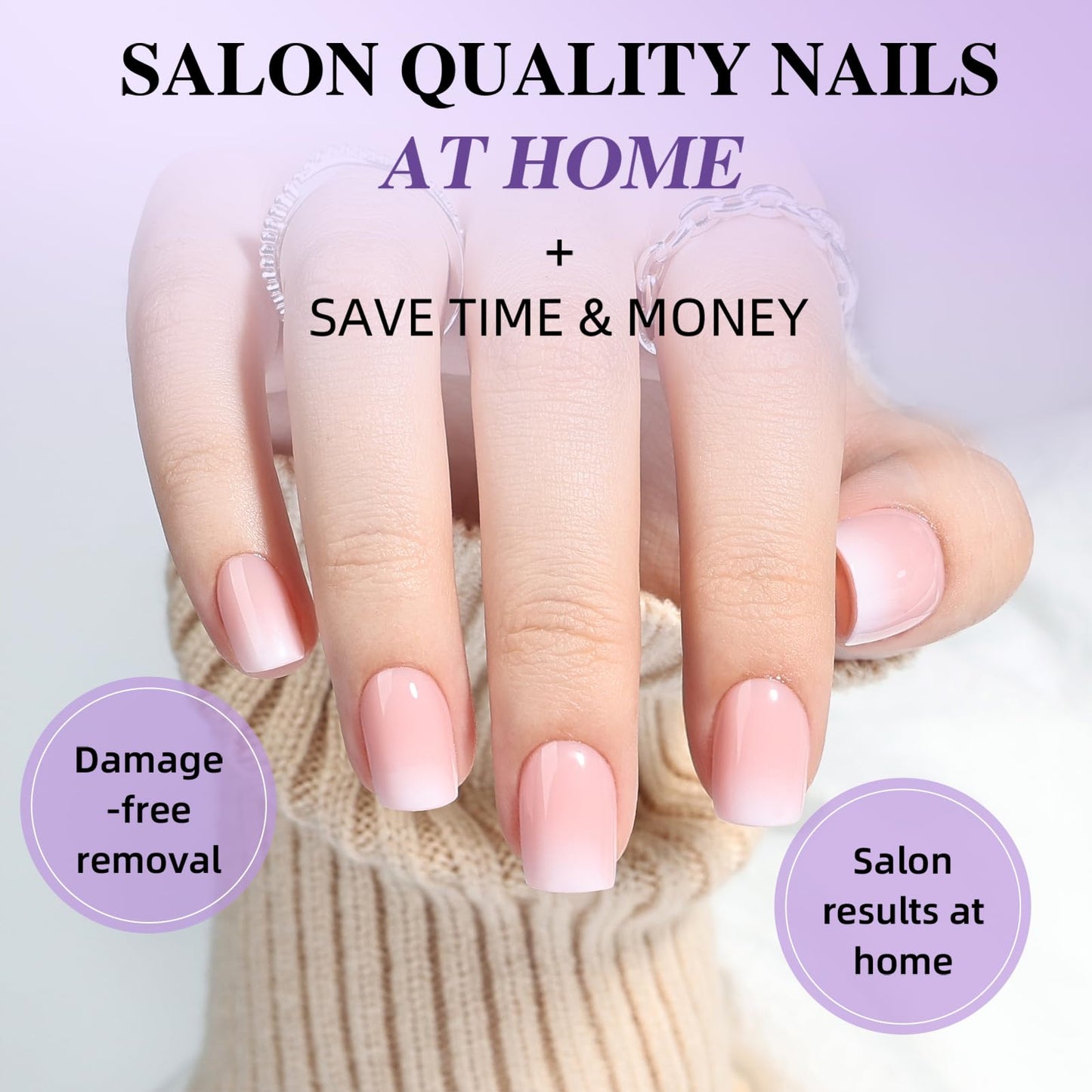 Ombre Press On Nails - Short Square Light Pink Press on Nails, Glossy Nails Press Ons for Women, Reusable Fake Nails Kit with Glue, 30 Pieces in 15 Sizes