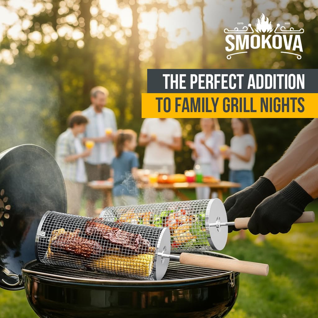 Smokova Rolling Grill Basket for Veggies (2 PCS) | 304 Stainless Steel Grill Baskets for Outdoor Grill with Removable Wooden Handle | BBQ Baskets for Grilling | Vegetable Grill Basket