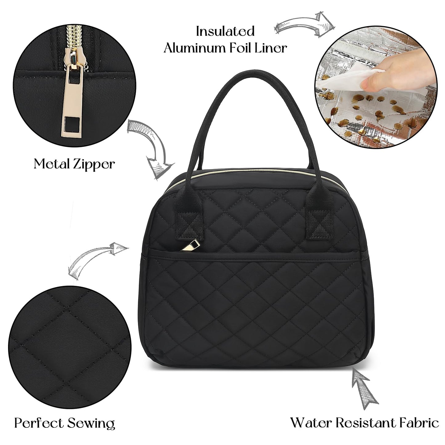 CAMTOP Lunch Box for Women Insulated Lunch Bag Lunchbox Cooler Thermal Leakproof Quilted Reusable Lunch Tote Bag for Work School Travel Picnic (Black)