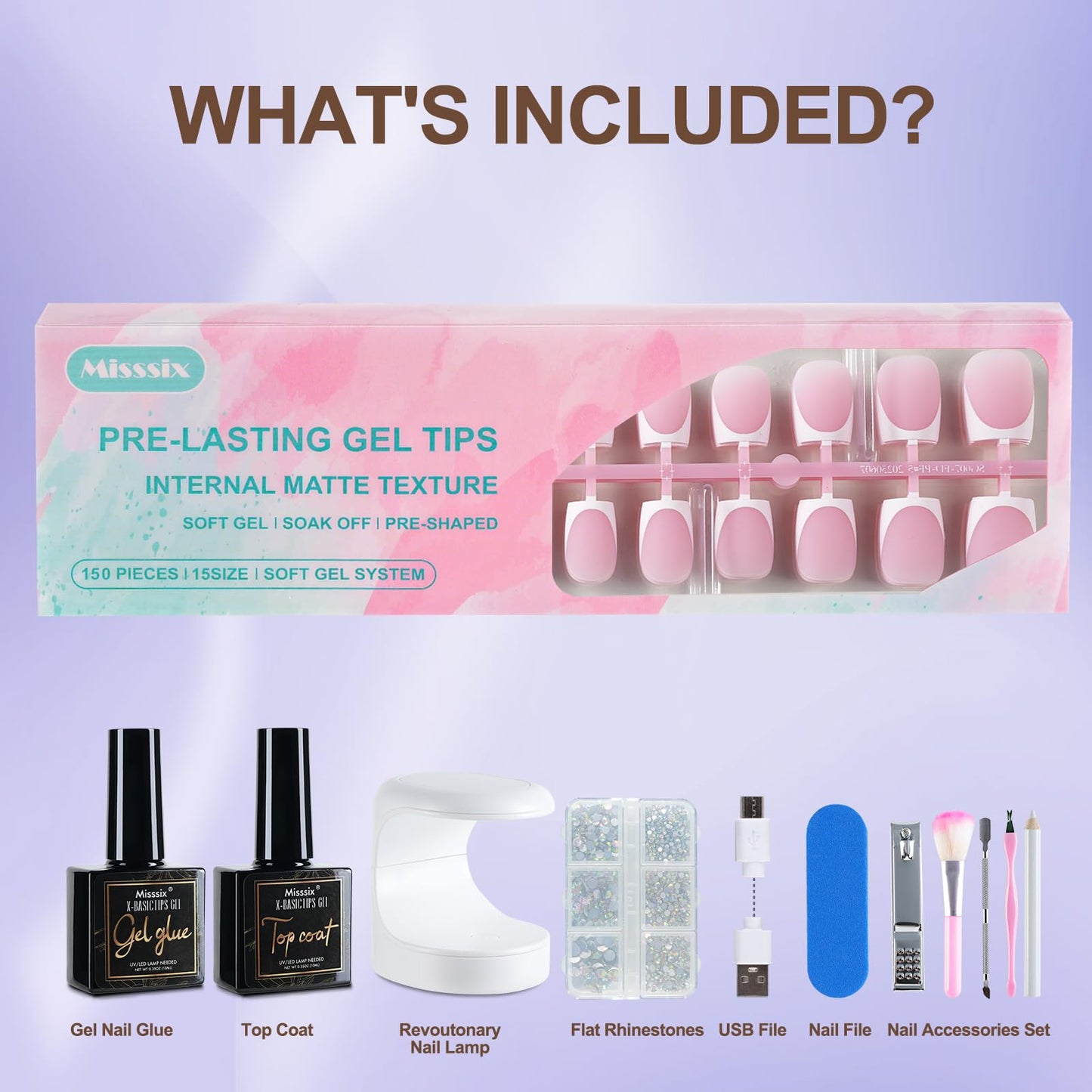 Misssix French Tip Press On Nails, 150Pcs French Gel Nail Tips Short Square, Pink White Soft Gel Fake Nails, X-BASIC Tips Starter Kit for Nail Art DIY 15 Sizes